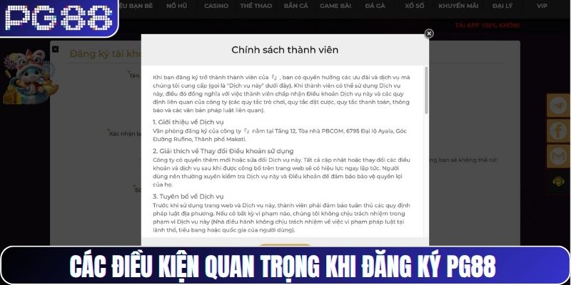 Các điều kiện quan trọng khi đăng ký PG88