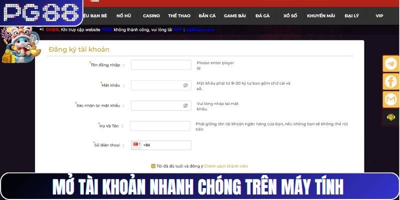 Mở tài khoản nhanh chóng trên máy tính